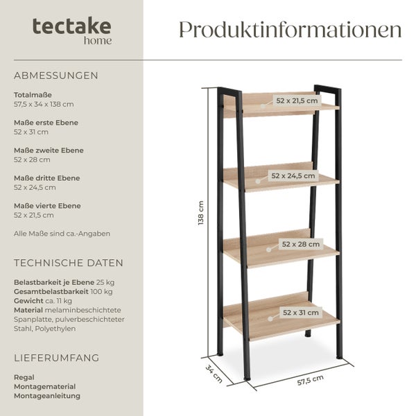 Leiterregal tectake Chatham inklusive Kippschutz, 57,5 x 34 x 138 cm Industrial Style Industrial Holz hell, Eiche Sonoma