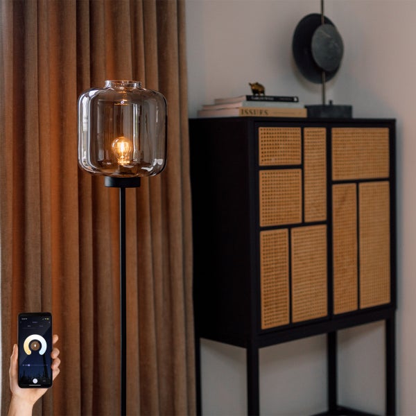 Smarte Stehleuchte schwarz mit Rauchglas inkl. WLAN ST64 - Qara
