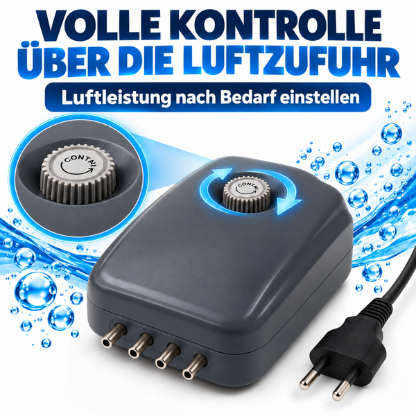 Aquarium Belüfterpumpe mit vier Ausgängen, Verbindungsschläuchen und Sprudelsteinen für feine Luftblasen und mehr Sauerstoff im Wasser.