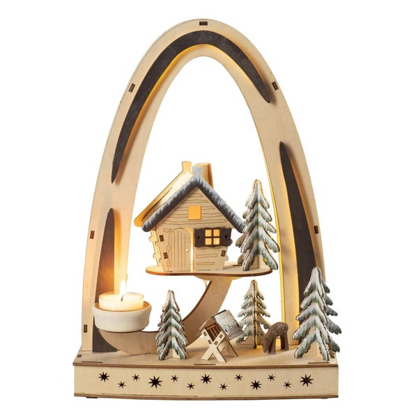 Weihnachtlicher Schwibbogen aus Holz mit Haus, Tannenbäumen und Teelichthalter für eine stimmungsvolle Weihnachtsdekoration.