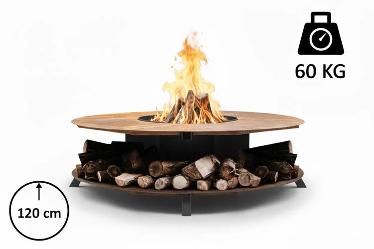 Runde Feuerstelle mit Holzablage und brennendem Holzfeuer, Durchmesser 120 Zentimeter, Gewicht 60 Kilogramm.