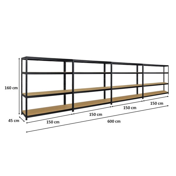 PROREGAL Mega Deal 4er-Set Schwerlastregal Giant Elephant 160x150x45cm mit 4 Ebenen Fachlast 200kg Schwarz