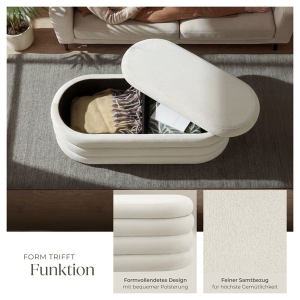 Ovaler Sitzhocker aus Samt mit Stauraum und geripptem Design, Detailansichten der Polsterung und Stoffstruktur in einem Wohnzimmer.