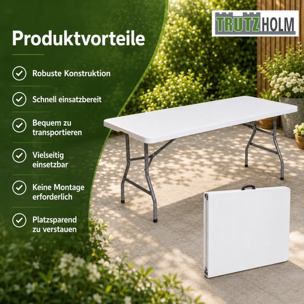 Trutzholm Logo. Weißer Klapptisch für Garten, offen und geklappt. Vorteile: robust, schnell einsatzbereit, transportabel, vielseitig, montagefrei, platzsparend.