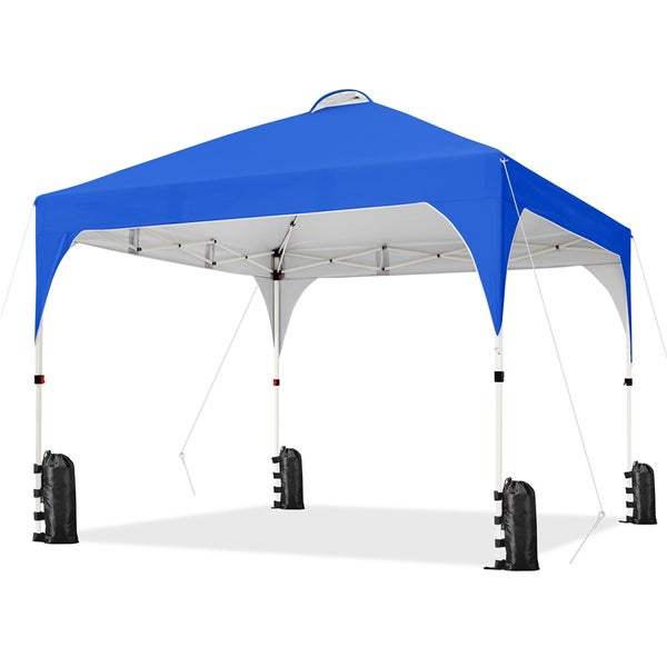 Blauer Pavillon mit Sandbeschwerung