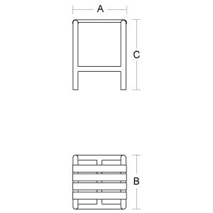 Maßzeichnung eines Hockers mit Angabe von Breite A, Tiefe B und Höhe C.