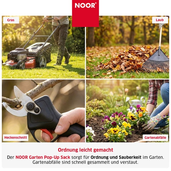 NOOR Logo, Anwendungsbilder für den NOOR Garten Pop Up Sack zur Entsorgung von Gras, Laub, Heckenschnitt und weiteren Gartenabfällen.