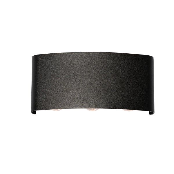 Schwarze Wandleuchte in gebogener Form aus Metall mit strukturierter Oberfläche.