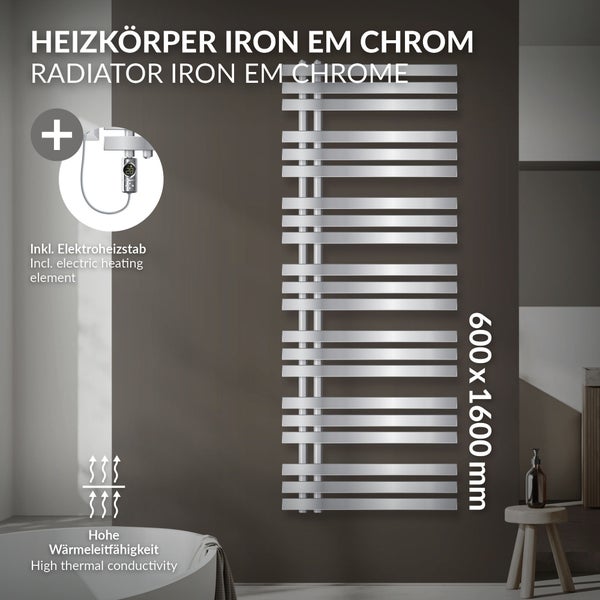 LuxeBath Elektrischer Badheizkörper Iron EM 600x1600 mm Chrom mit Heizstab 900W Thermostat Digitalanzeige, Handtuchheizkörper mit Heizpatrone, Elektro Handtuchwärmer Paneelheizkörper Designheizkörper