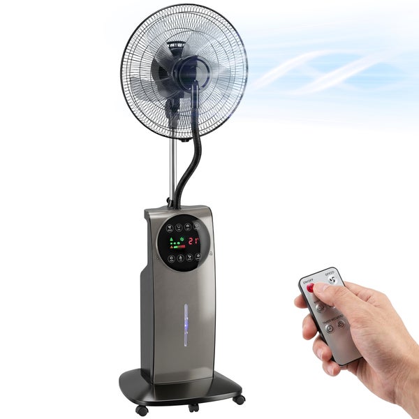 Standventilator mit Sprühnebelfunktion, Digitalanzeige und Fernbedienung.