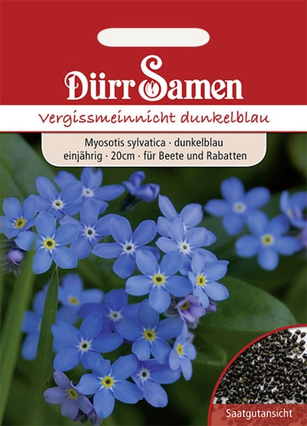 Samentüte für Vergissmeinnicht Myosotis sylvatica dunkelblau, einjährig, Wuchshöhe 20 Zentimeter, für Beete und Rabatten, Dürr Samen Logo.