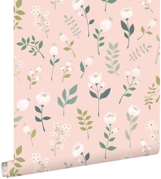 ESTAhome Tapete Blumen Hellrosa, Grün und Weiß - 53 cm x 10.05 m - 139340