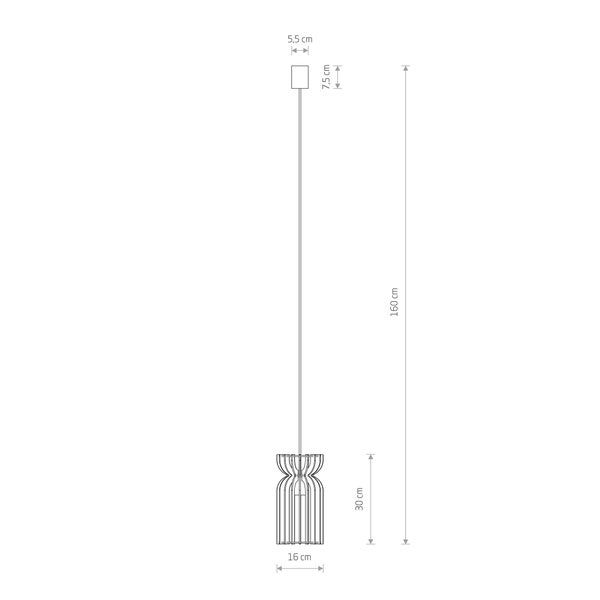 Maßzeichnung einer Pendelleuchte: Gesamthöhe 160 Zentimeter, Schirm 30 mal 16 Zentimeter, Baldachin 7,5 mal 5,5 Zentimeter.