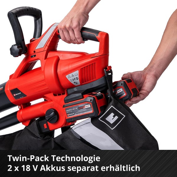 Einhell Akku Laubbläser mit Twin Pack Technologie zum Einsetzen von zwei 18 Volt Akkus.