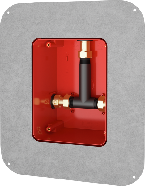 Unterputz-Einbaukörper für Sanitärinstallationen mit T-Anschluss und Messingverschraubungen im roten Kunststoffgehäuse.