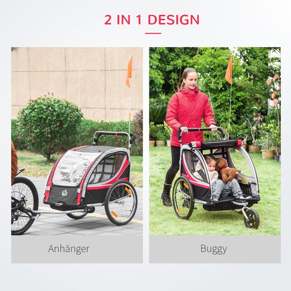 HOMCOM 2 in 1 Kinderanhänger klappbar Fahrradanhänger mit abnehmbarem Vorderrad, Hinterradbremsen, Kinderfahrradanhänger für 2 Kinder ab 18 Monate, bis 26,4 kg belastbar, Rot