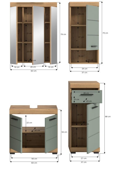 Maßzeichnungen von Badezimmermöbeln: Spiegelschrank, Hängeschrank, Waschbeckenunterschrank und Hochschrank mit Detailmaßen in Zentimeter.