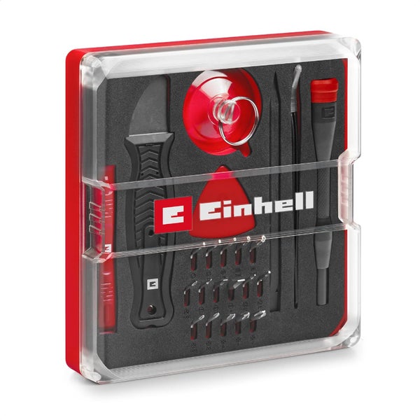 Original Einhell 28-tlg. Präzisions- und Elektronik-Reparatur-Set (Präzisionsbits, Schraubendreher-Bithalter, gebogene Pinzette, Spudger, Jimmy, Opening Tool, Opening Picks, Saugheber)