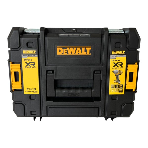 DeWALT TSTAK II Werkzeugkoffer für 18 Volt Lithium-Ionen Akku-Schlagschrauber DCF891 mit Tragegriff, Stapelverschlüssen und DeWALT Logo.