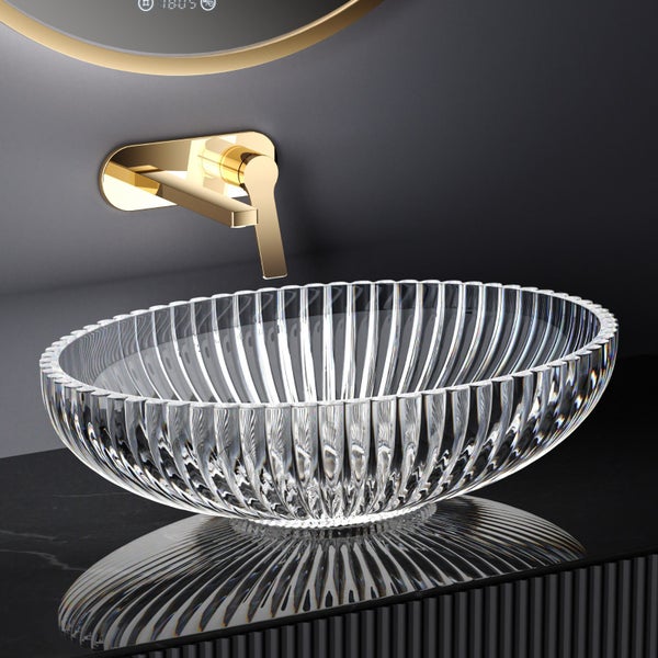EMKE Aufsatzwaschbecken Tempered Lead Crystal Glass, 51 x 35 cm, Transparent, Badezimmer Waschbecken mit Elektroplattiertem Design, Ohne Hahnloch, Für Badezimmer und WC, Höhe 15 cm