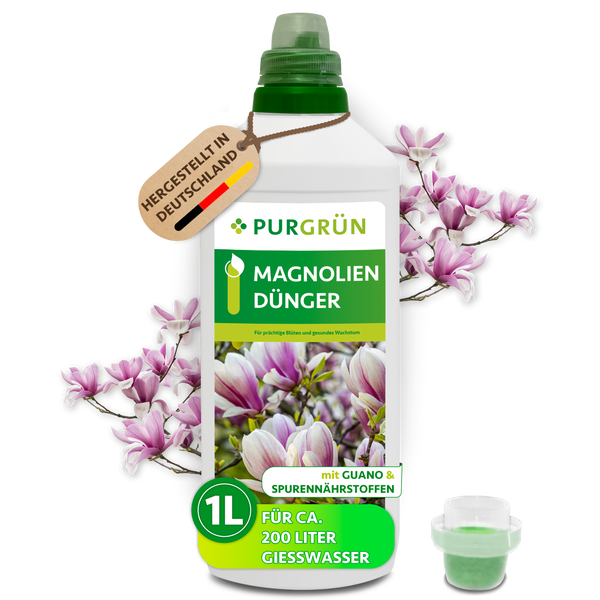 Purgrün Magnoliendünger in der 1 Liter Flasche mit Guano und Spurennährstoffen für prächtige Blüten und gesundes Pflanzenwachstum.