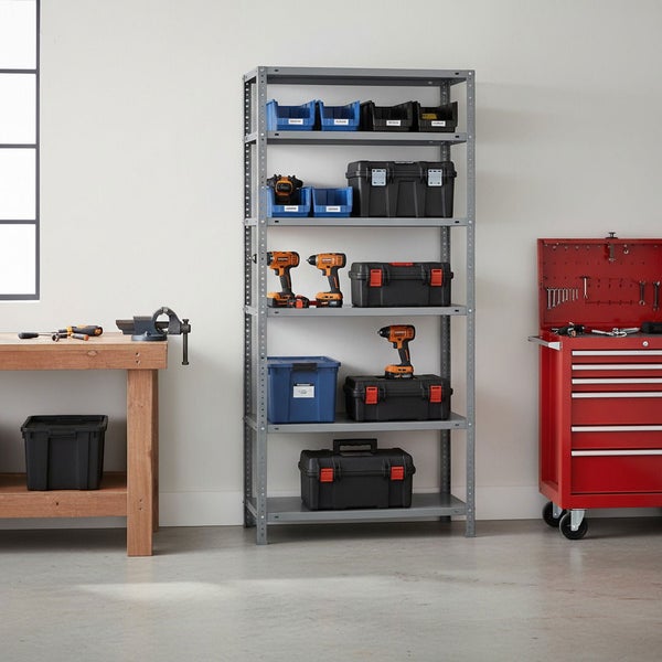 Organisierte Werkstatt mit grauem Metallregal voller Werkzeugkoffer, hölzerner Werkbank mit Schraubstock und einem roten Werkstattwagen.