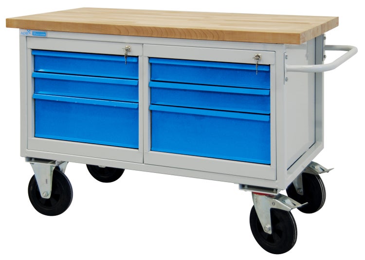 PROREGAL Mobile Werkbank Rhino mit 6 Schubladen HxBxT 83 x 130 x 60 cm Traglast 500 kg Lichtgrau Blau