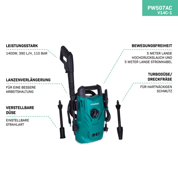 VONROC Hochdruckreiniger V14C-1-1400W - 110 bar - 390 l/h - Inkl. 5m Schlauch, Spritzpistole, verstellbare Sprühlanze und Zubehör
