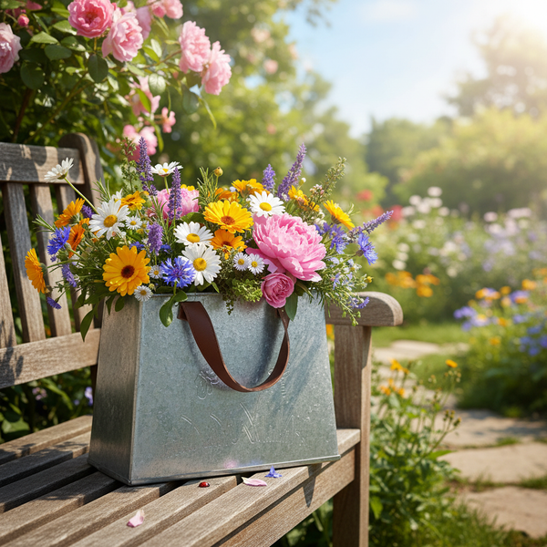 Metall-Pflanzkorb in Taschenform mit Ledergriffen, gefüllt mit bunten Blumen auf einer hölzernen Gartenbank in einem sonnigen Garten.