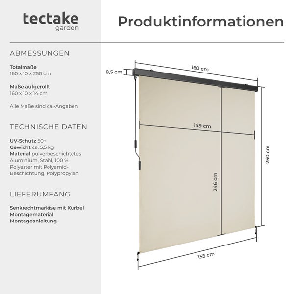 Senkrechtmarkise tectake Eloise inkl. Wandhaltern verschiedene Größen beige