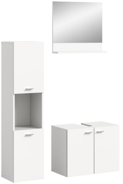 Dreiteiliges Badezimmermöbel-Set in Weiß bestehend aus einem Hochschrank, einem Waschbeckenunterschrank und einem Spiegel mit Ablage.