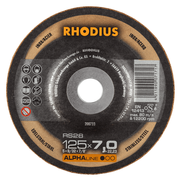 RHODIUS Schruppscheibe RS28, 5 Stück, 125 x 7,0 x 22,23 mm für Edelstahl, Stahl, Metall, ALPHAline