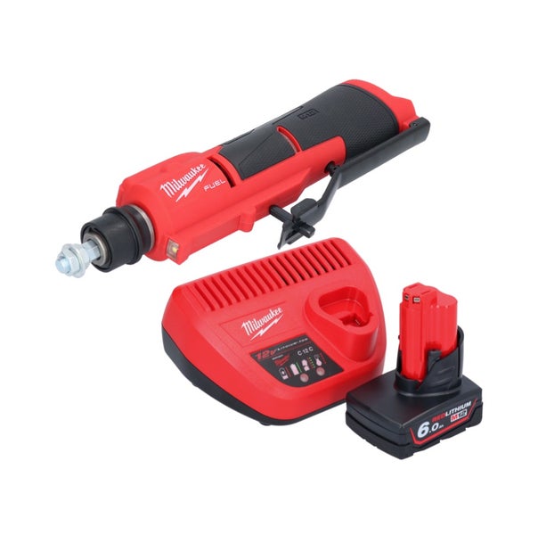 Milwaukee Akku-Geradschleifer mit Ladegerät und 12 Volt Akku mit 6 Amperestunden.
