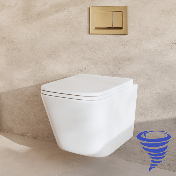 Wand-WC mit WC-Sitz und Betätigungsplatte vor einer gefliesten Wand
