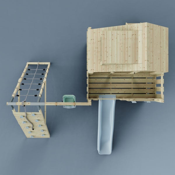 Spielturm mit Rutsche, Kletternetz und Kletterwand aus Holz