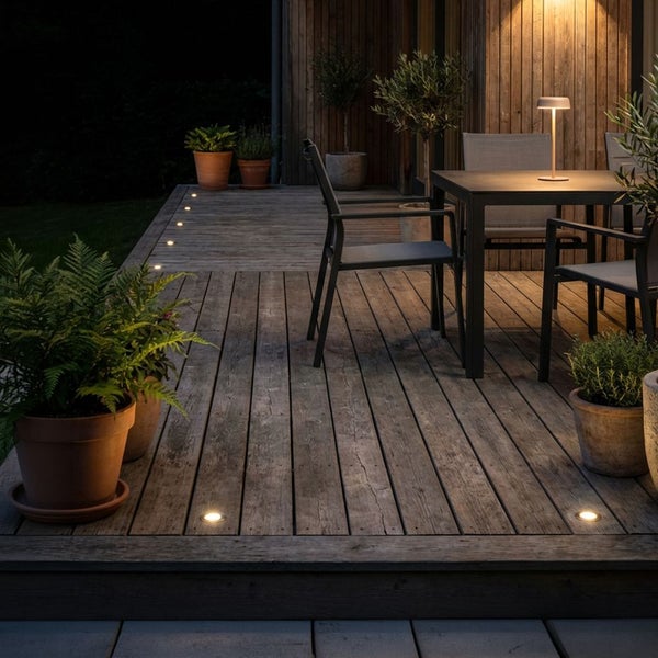 Beleuchtete Holzterrasse mit Bodeneinbaustrahlern, modernen Gartenmöbeln aus Metall und einer Tischlampe in abendlicher Atmosphäre.