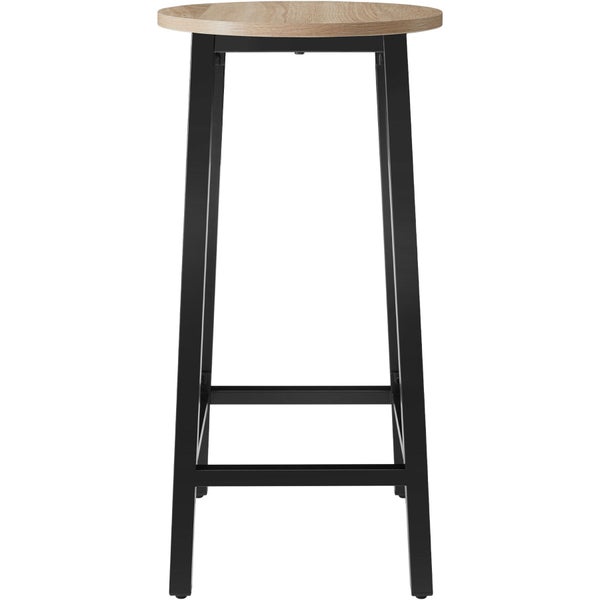 Barhocker mit runder Sitzfläche aus Holz und schwarzem Metallgestell.