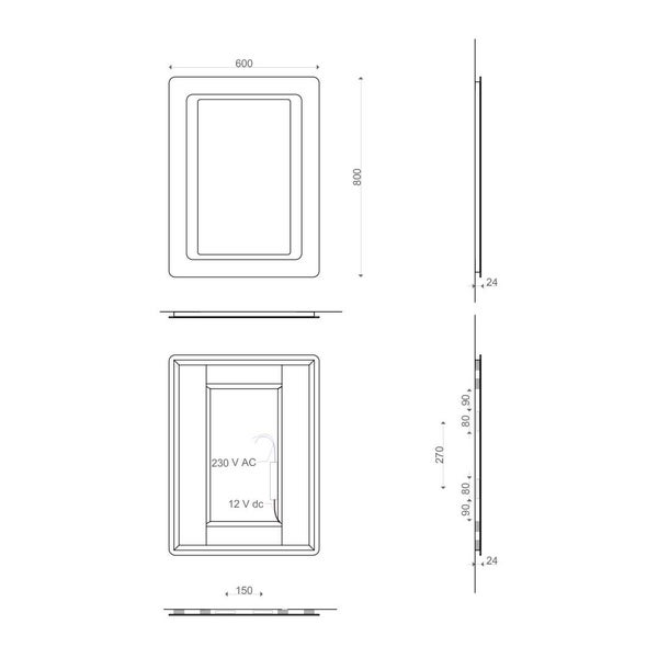 Technische Zeichnung eines Spiegels, 600 mal 800 mal 24 Millimeter, mit Angaben zu 230 Volt Wechselstrom und 12 Volt Gleichstrom.
