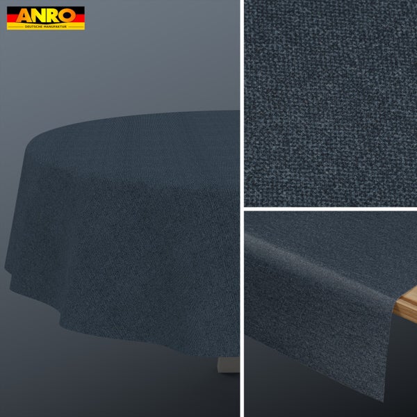 ANRO Logo. Strukturierte, dunkelblaue Tischdecke als runde und eckige Variante mit Nahaufnahme der Gewebestruktur.