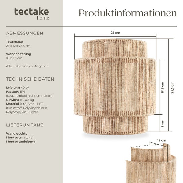 Technische Zeichnung der Tectake Wandleuchte aus Jute mit Maßangaben für Höhe, Breite und Tiefe sowie Leistungsdaten und Materialliste.