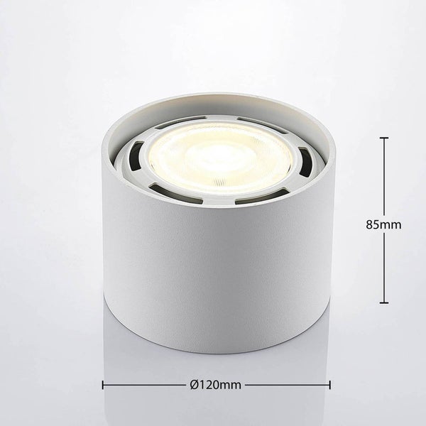 Weißer zylindrischer LED-Deckenaufbaustrahler, Durchmesser 120 Millimeter, Höhe 85 Millimeter.