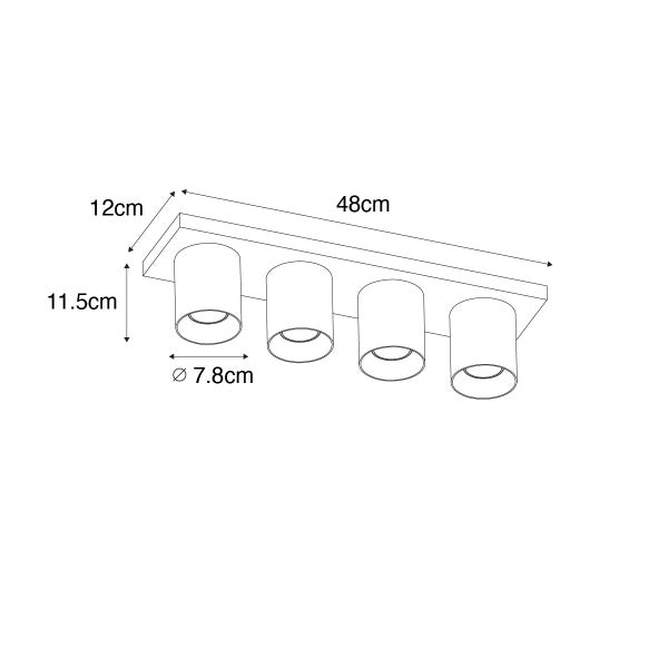 Technische Zeichnung einer Deckenleuchte mit vier Strahlern und Maßangaben.