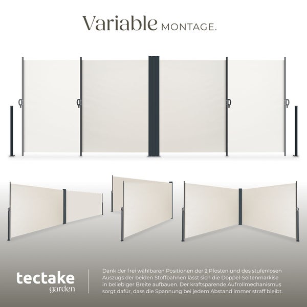 Doppel-Seitenmarkise von tectake garden mit variablen Montagemöglichkeiten in verschiedenen Winkeln und tectake garden Logo.