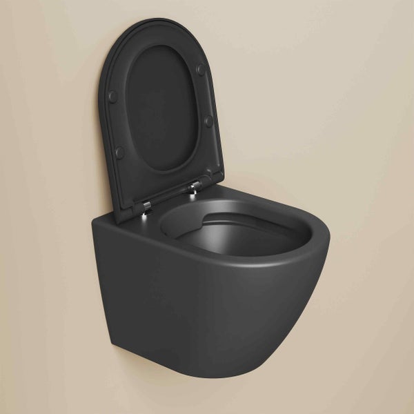 Spülrandlose Wand-Hänge-Toilette in Schwarz matt mit geöffnetem Deckel aus Keramik.