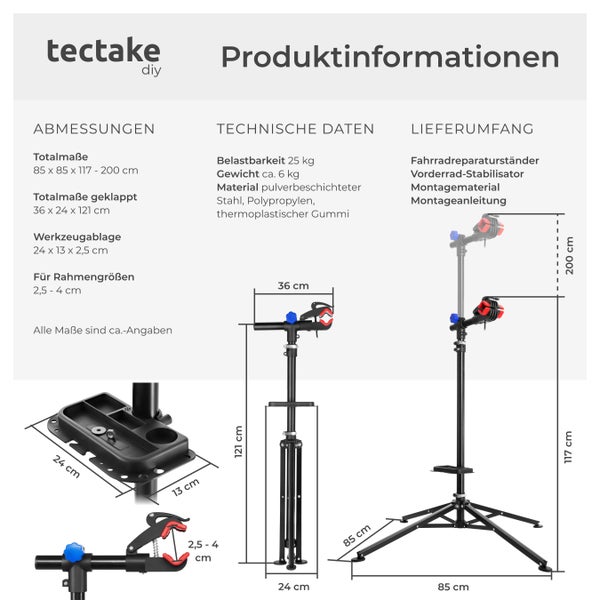 Fahrradmontageständer tectake  inklusive Werkzeugablage klappbar, für alle gängigen Modelle schwarz
