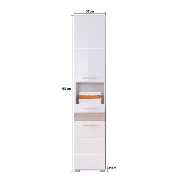 Weißer Badhochschrank mit Eichenakzent, 182 Zentimeter hoch, 37 Zentimeter breit, 31 Zentimeter tief, mit Türen und einem offenen Fach.