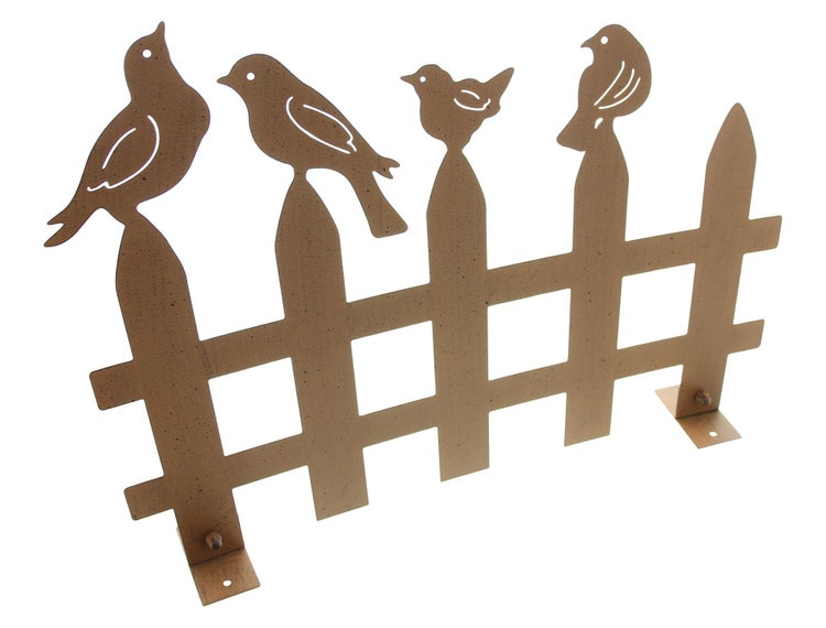 Dekorative Gartenzaun-Silhouette mit Vogelmotiven aus Metall.
