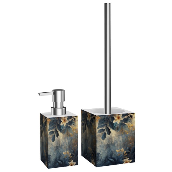 Badezimmer Set bestehend aus Seifenspender und WC Garnitur mit floralem Muster und metallischen Akzenten.