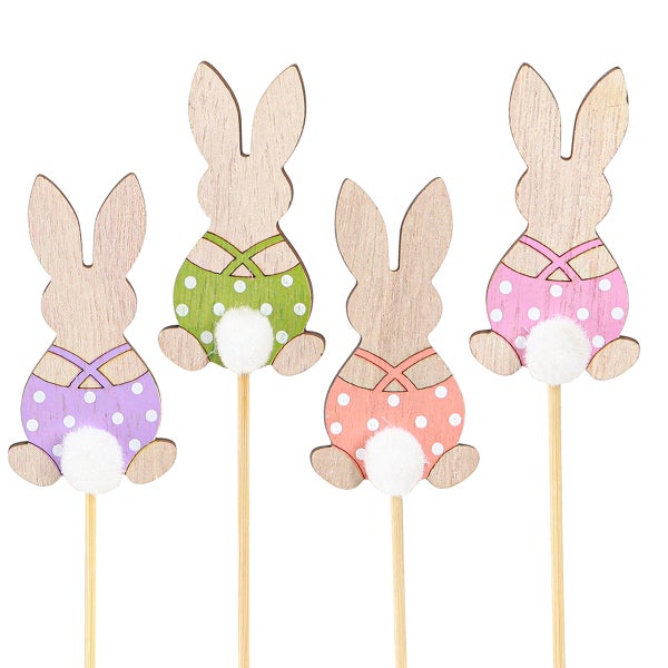 Dekorative Hasenfiguren aus Holz mit Tupfenmuster für Osterdekoration