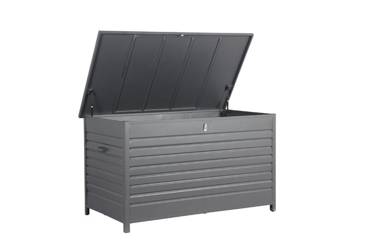 Kissenbox aus Metall in Anthrazit mit geöffnetem Deckel und Gasdruckfedern